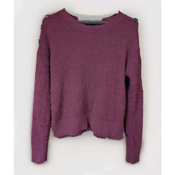 Moral Fiber Sweaters - Women's Plum Fuzzy Sweater Button Shoulder Accents Moral Fibers Size S* Preppy